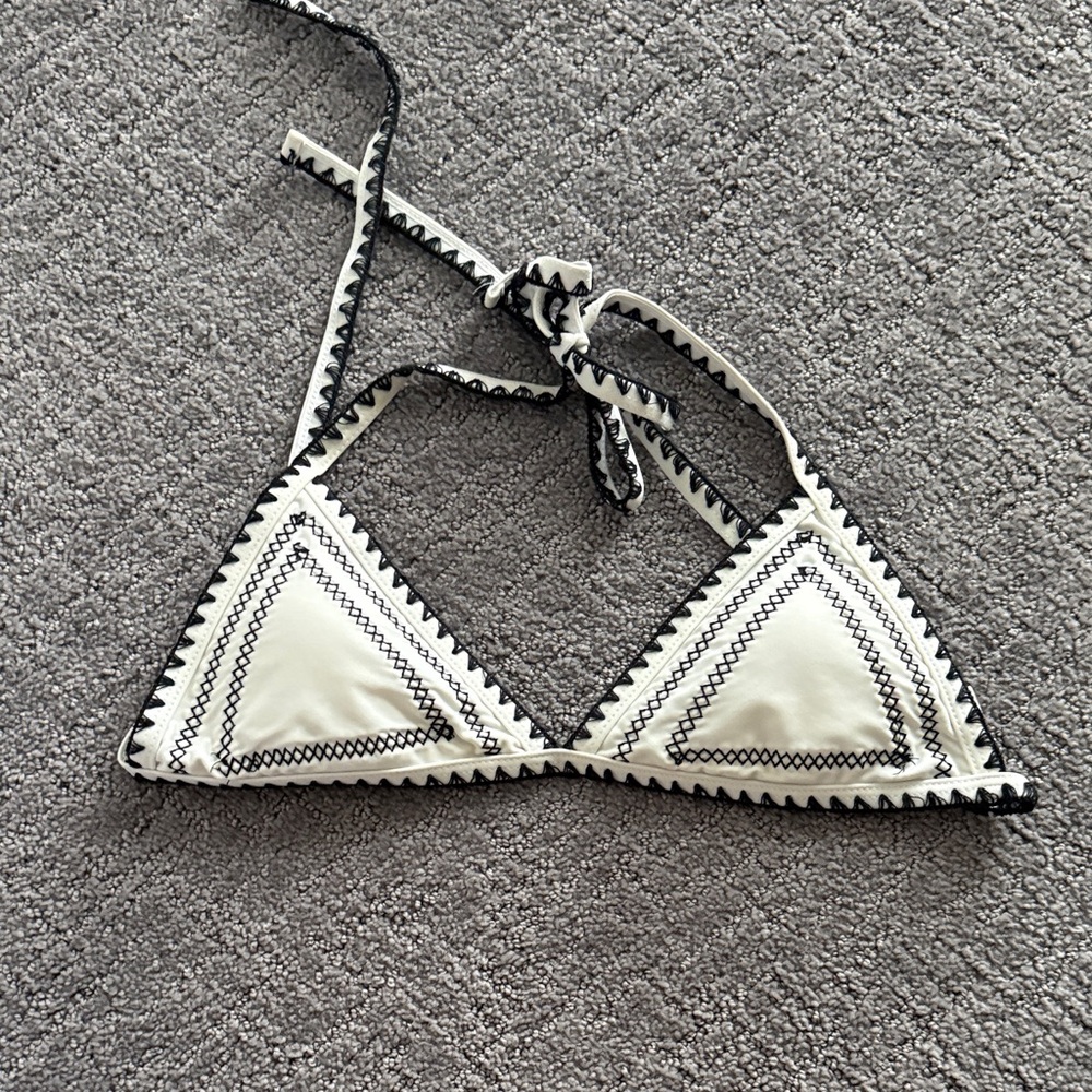 Ivory Triangle Bikini Top with Black Contrast Stitching